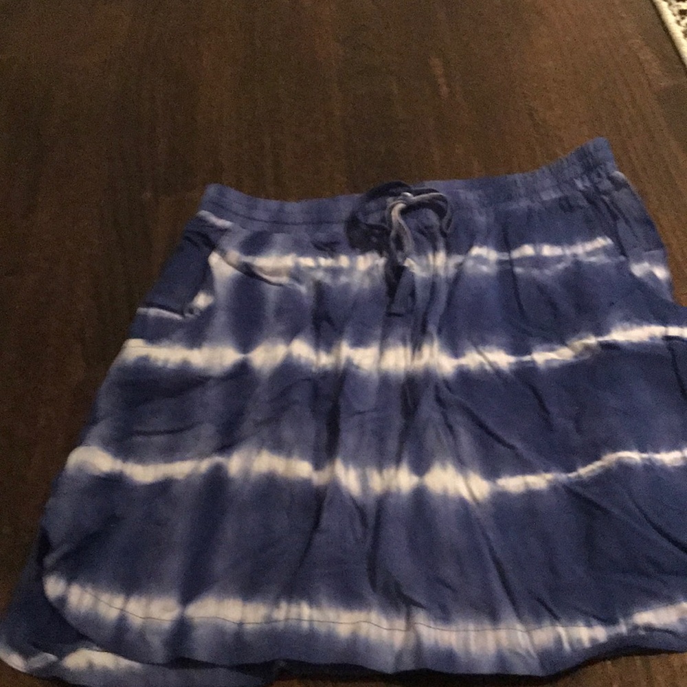 Blue tie dye mini skirt with drawstring waist.